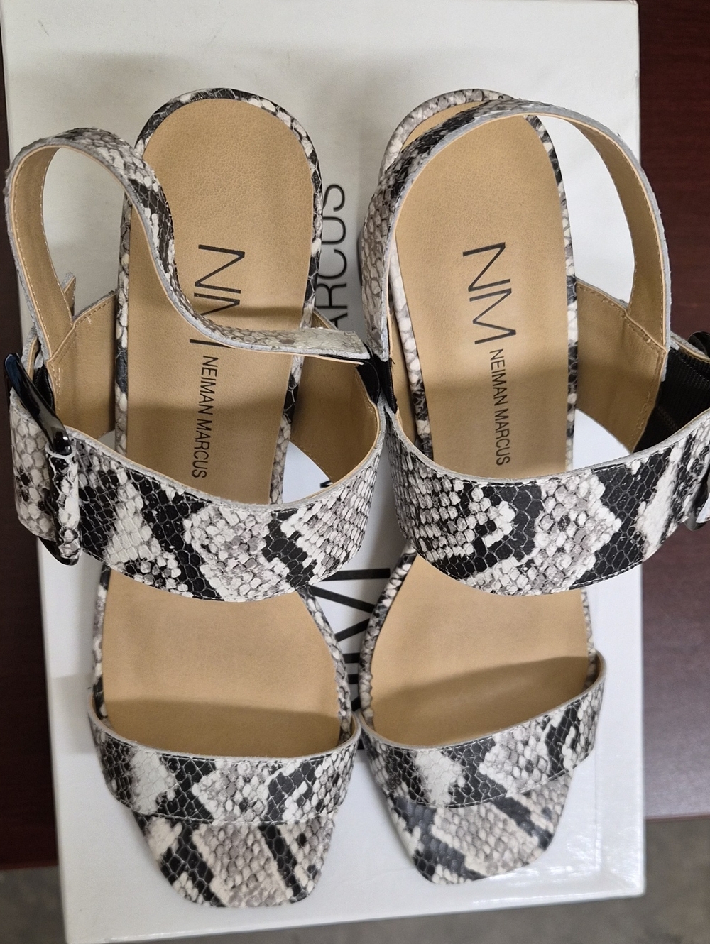 Neiman Marcus Women's Snake-Print Strappy Sandals in Black & White Size 7.5